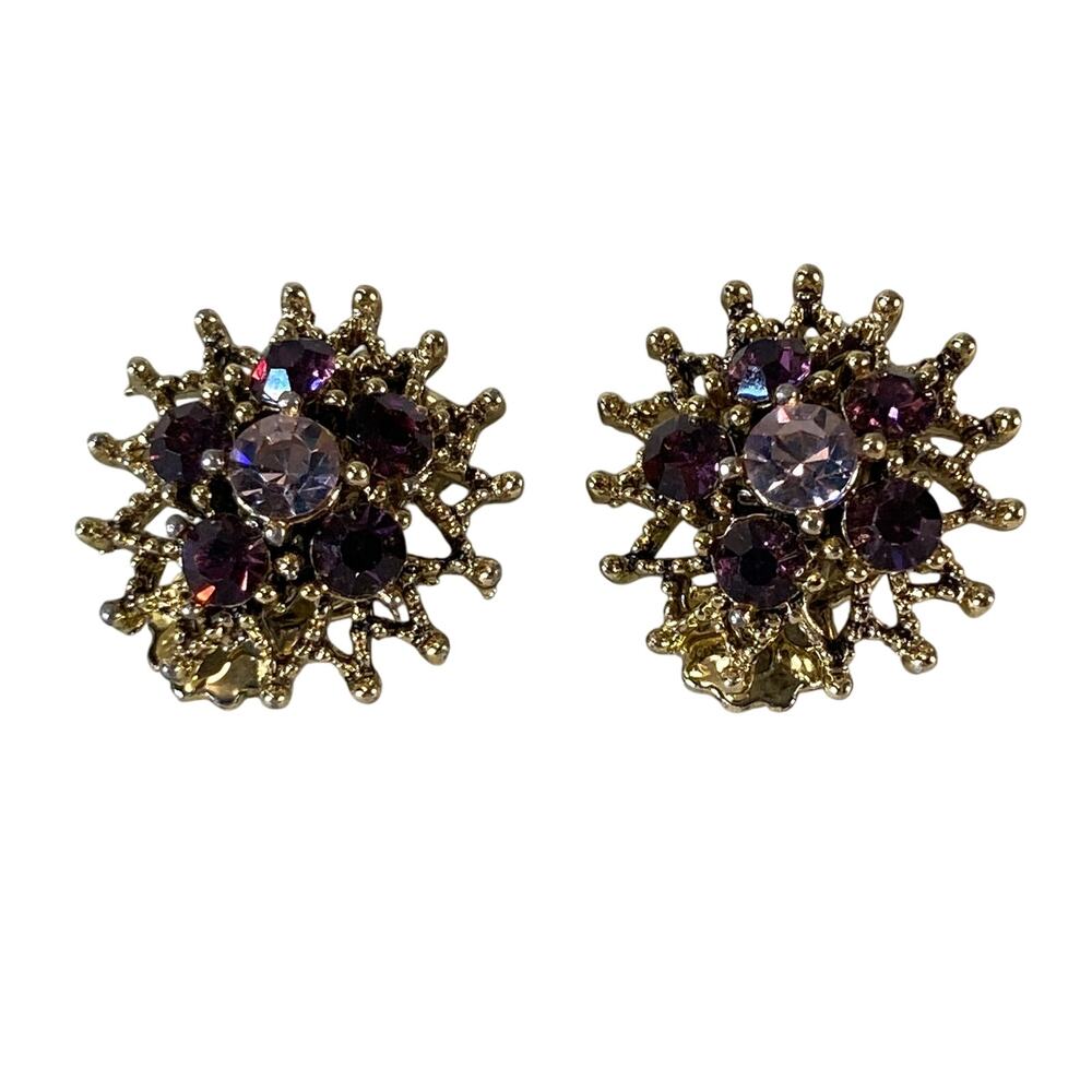 Purple Starburst Clip-On Gold Tone Earrings Lavender Rhinestone Vintage 50s EUC